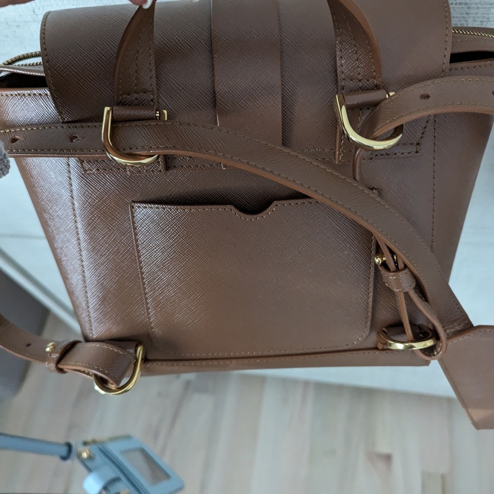 Senreve Mini Maestra Chestnut Tan Convertible Italian Leather Crossbody Backpack - Picture 3 of 14